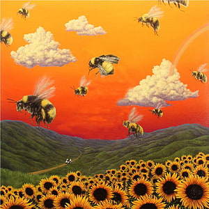 Surreal painting of giant bumblebees flying over a sunflower field with rolling green hills and a vibrant orange sky HD phone wallpaper
