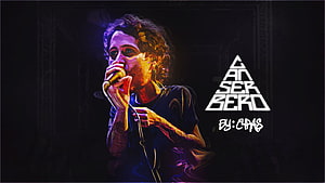 Canserbero Digital Art Portrait with Neon Stage Lighting and Geometric Logo HD wallpaper