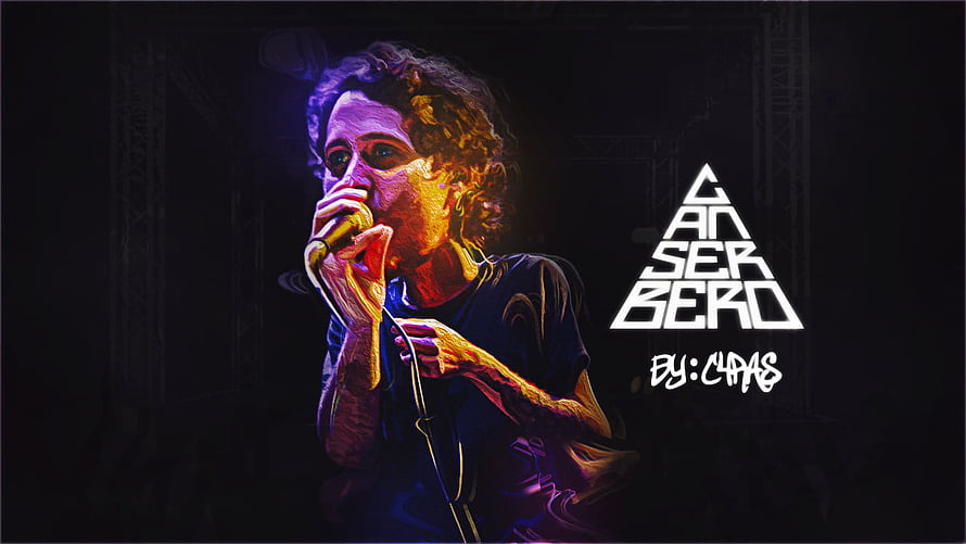Canserbero Digital Art Portrait with Neon Stage Lighting and Geometric Logo HD wallpaper