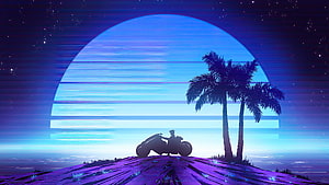 Retro Synthwave Scene With Motorcycle Silhouette, Palm Trees, and Neon Sunset Horizon HD wallpaper