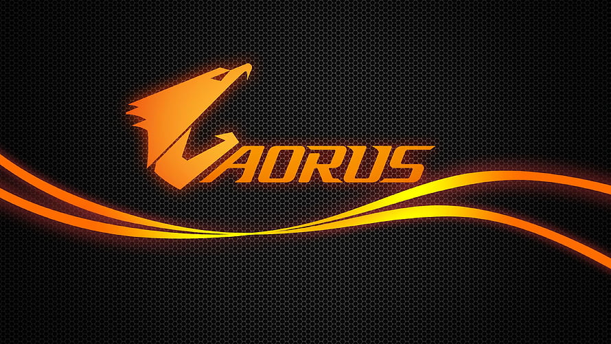 Gigabyte Aorus Gaming Logo with Orange Eagle Emblem and Dynamic Light Trails on Dark Hexagonal Background HD wallpaper