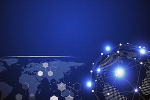 Futuristic Digital Globe with Network Connections and Hexagonal Patterns on Deep Blue Background HD wallpaper