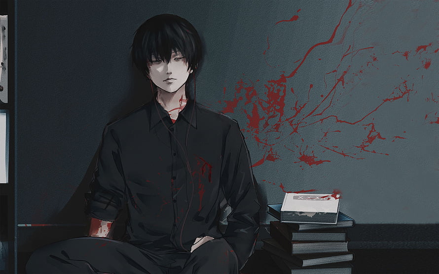 Ken Kaneki from Tokyo Ghoul Sitting in a Dark Room with Blood Splatters and Books HD wallpaper