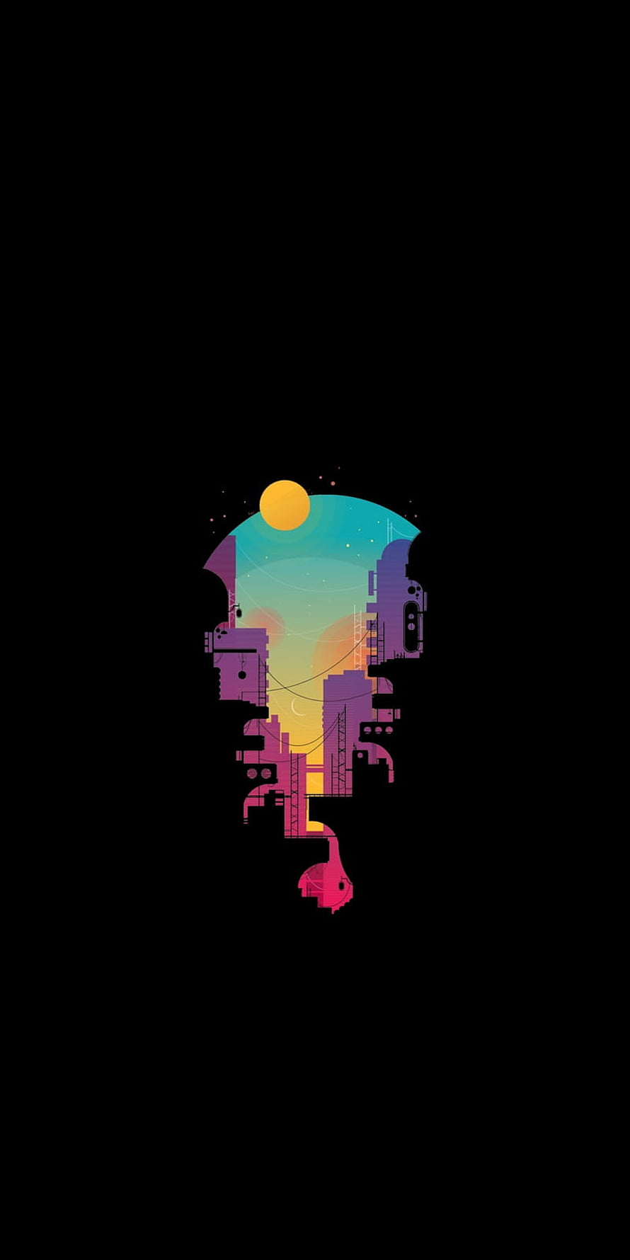 Minimalist Cityscape Silhouette in Vibrant Gradient on Black Background HD phone wallpaper