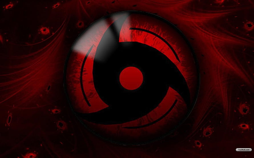 Naruto Shippuden Sharingan Eye Close-Up on Dark Red Background HD wallpaper