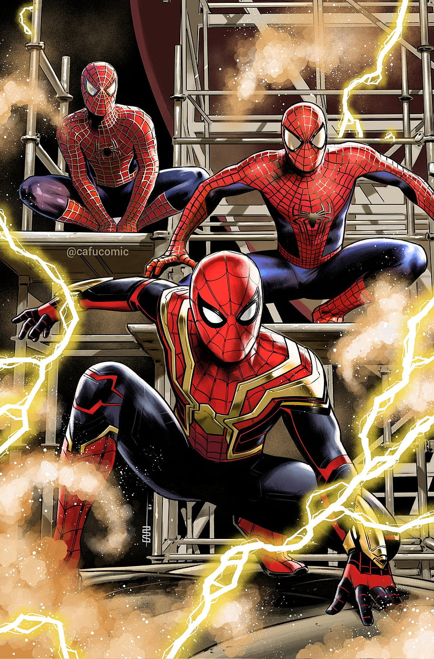 Spider-Man Multiverse Trio in Classic, Advanced, and Iron Spider Suits with Lightning Effects, Spiderman no way home, Tobey Maguire, Multiverse, Tom Holland, Peter Parker, Andrew Garfield, MCU, Marvel HD phone wallpaper