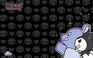 Kuromi and Blue Bear Character Art on Black Skull and Heart Pattern Background HD wallpaper