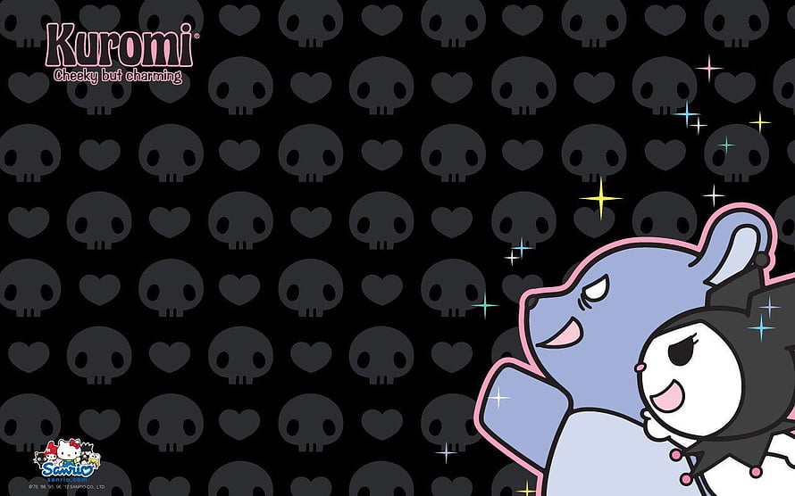 Kuromi and Blue Bear Character Art on Black Skull and Heart Pattern Background HD wallpaper