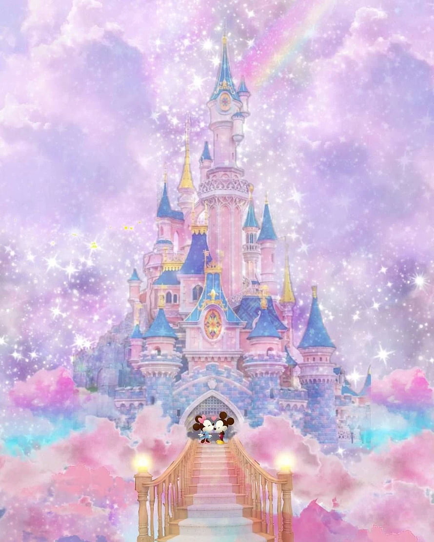Disney Princess Castle in Dreamy Pink Clouds with Mickey and Minnie Mouse HD phone wallpaper
