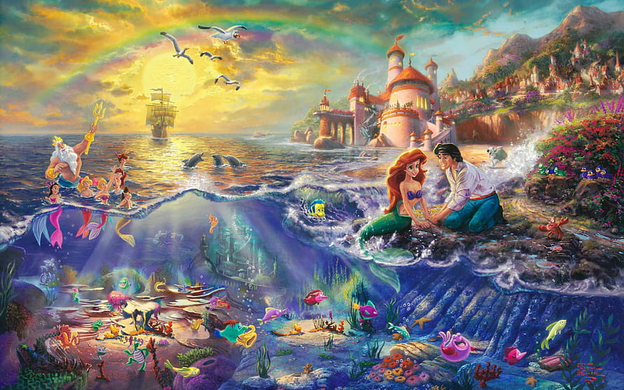 The Little Mermaid Ariel and Prince Eric on the Seaside with King Triton and Underwater Kingdom HD wallpaper