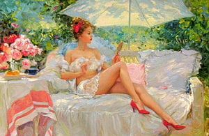 Woman in White Lingerie with Parasol and Mirror in a Lush Garden HD wallpaper