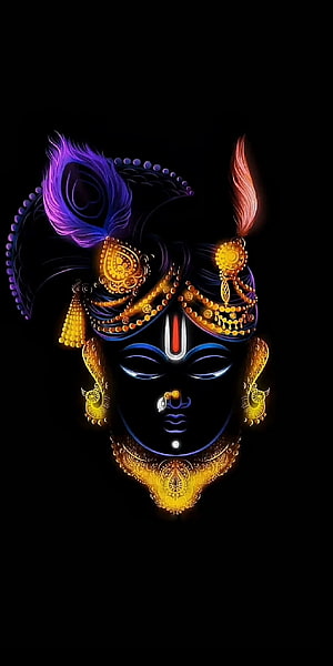 Neon Krishna Portrait with Peacock Feather and Golden Jewelry on Black Background HD phone wallpaper
