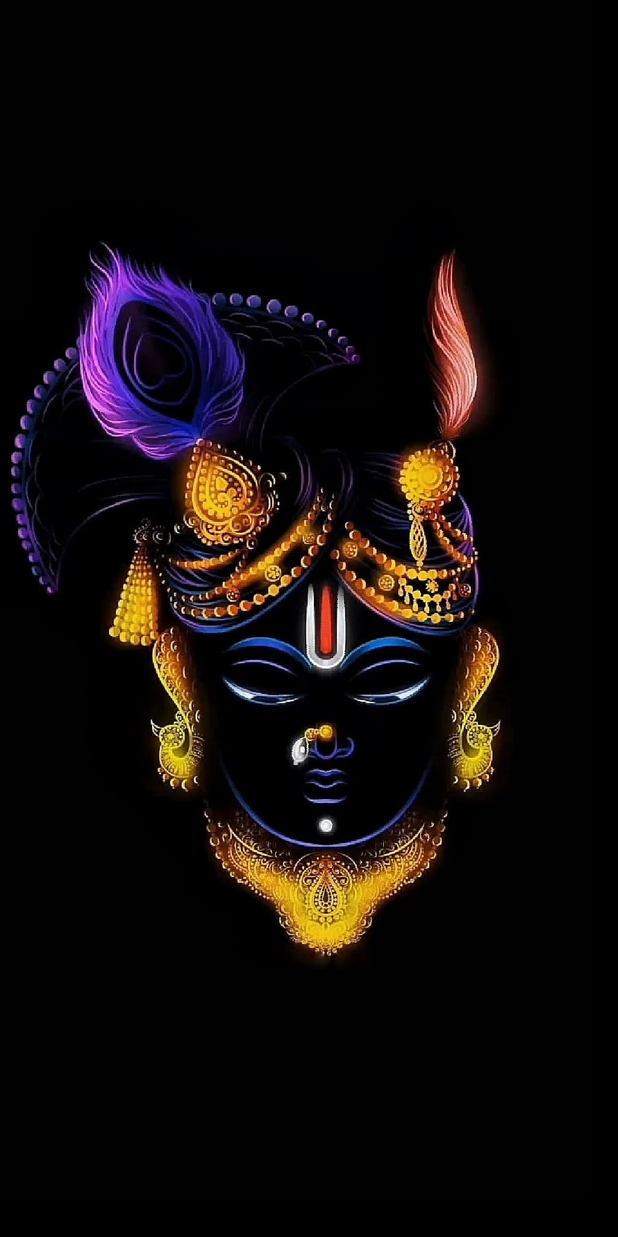 Neon Krishna Portrait with Peacock Feather and Golden Jewelry on Black Background HD phone wallpaper
