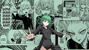 Tatsumaki from One Punch Man in a dramatic manga panel with intense expressions and dynamic action poses HD wallpaper