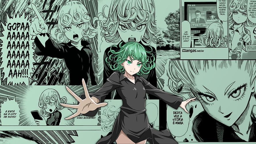 Tatsumaki from One Punch Man in a dramatic manga panel with intense expressions and dynamic action poses HD wallpaper