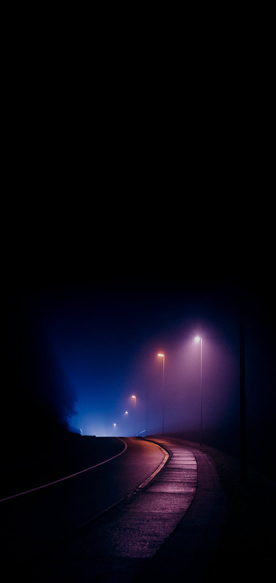 Moody Night Road With Glowing Street Lamps In Fog HD phone wallpaper