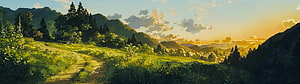 Studio Ghibli Style Countryside Landscape with Winding Path and Golden Sunset HD wallpaper