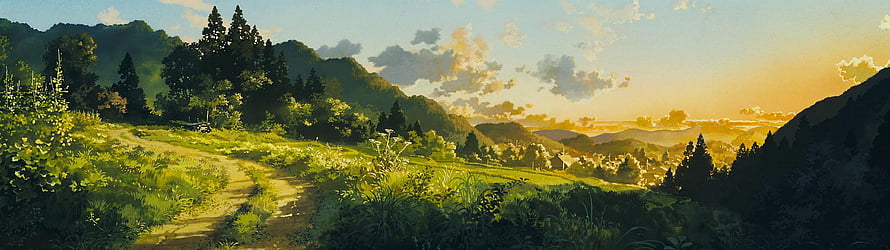 Studio Ghibli Style Countryside Landscape with Winding Path and Golden Sunset HD wallpaper