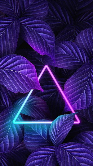 Neon Triangle Over Purple Leaves: Vibrant Nature and Light Art HD phone wallpaper