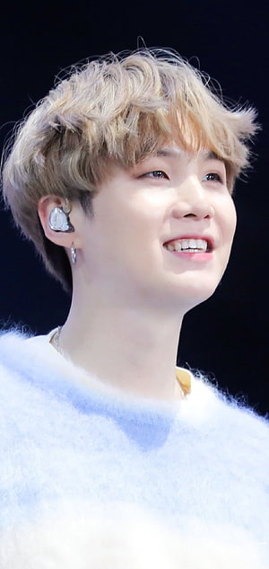 BTS Suga Yoongi Smiling in White Fuzzy Sweater with Stage In-Ear Monitor HD phone wallpaper