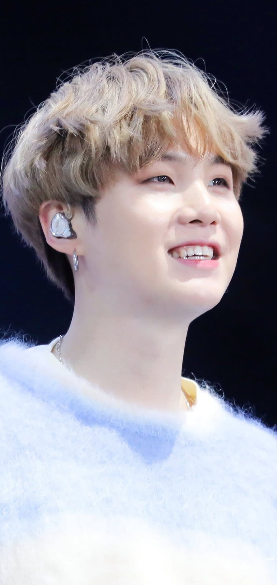 BTS Suga Yoongi Smiling in White Fuzzy Sweater with Stage In-Ear Monitor HD phone wallpaper