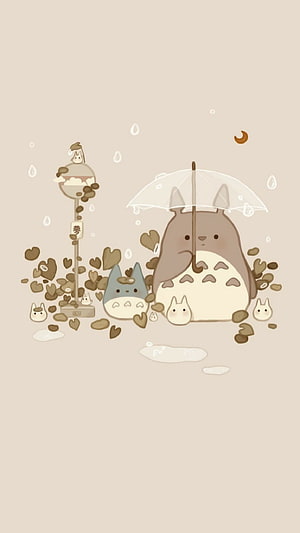 Cute Totoro Family Under Umbrella in Rainy Autumn Scene with Falling Leaves and Moon HD phone wallpaper