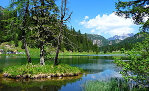 Serene Alpine Lake with Small Island and Coniferous Forest Under Blue Sky HD wallpaper