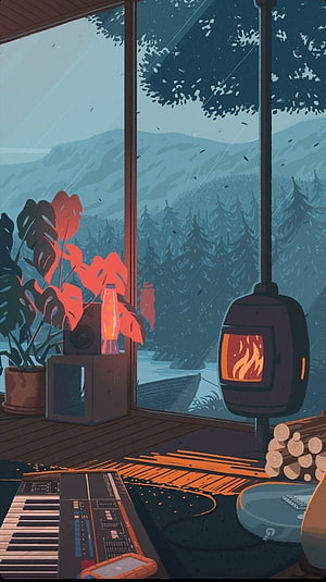 Cozy Cabin Interior with Fireplace, Synth Keyboard, and Rainy Forest View HD phone wallpaper
