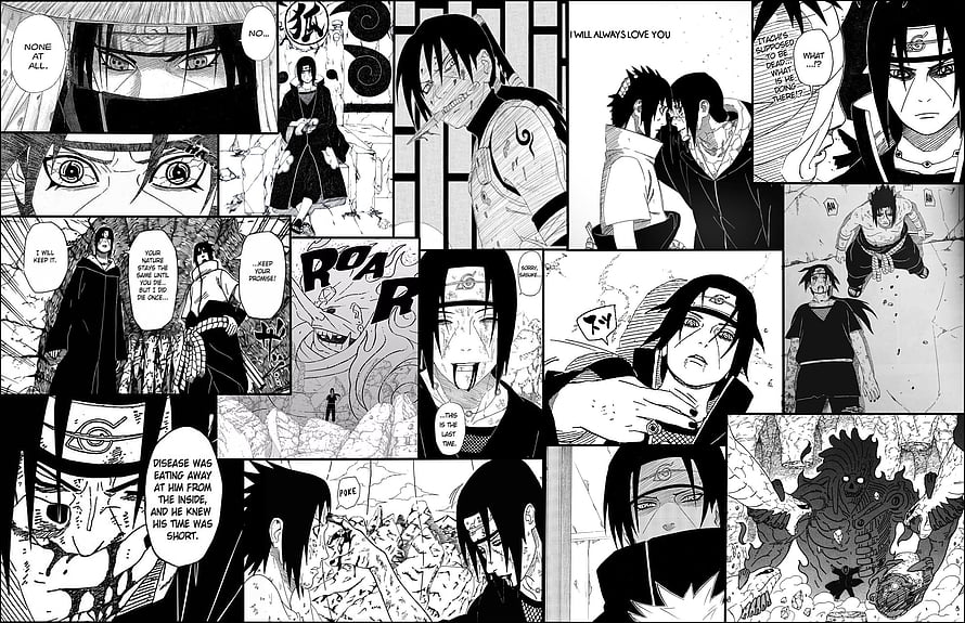 Naruto Shippuden Manga Panels Featuring Itachi Uchiha and Sasuke Sharingan Scenes HD wallpaper