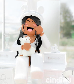 Roblox Aesthetic Girl with Bear and Cat in Bright White Room HD phone wallpaper