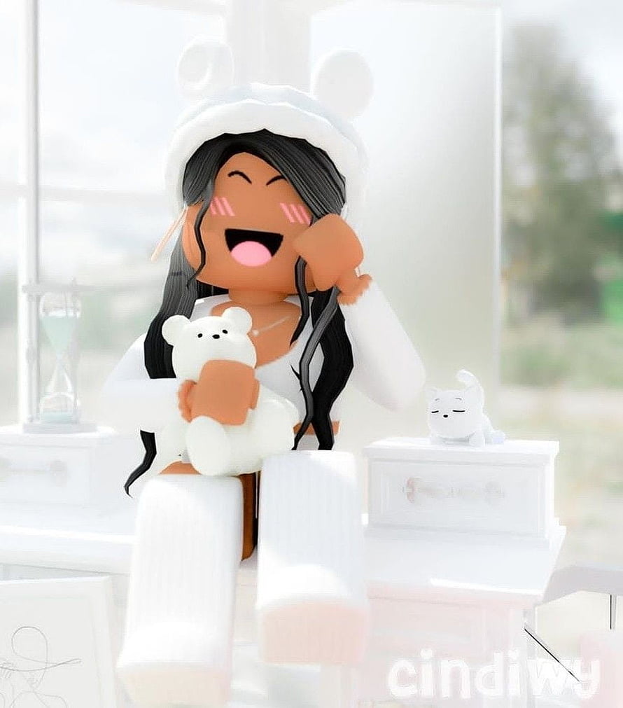 Roblox Aesthetic Girl with Bear and Cat in Bright White Room HD phone wallpaper