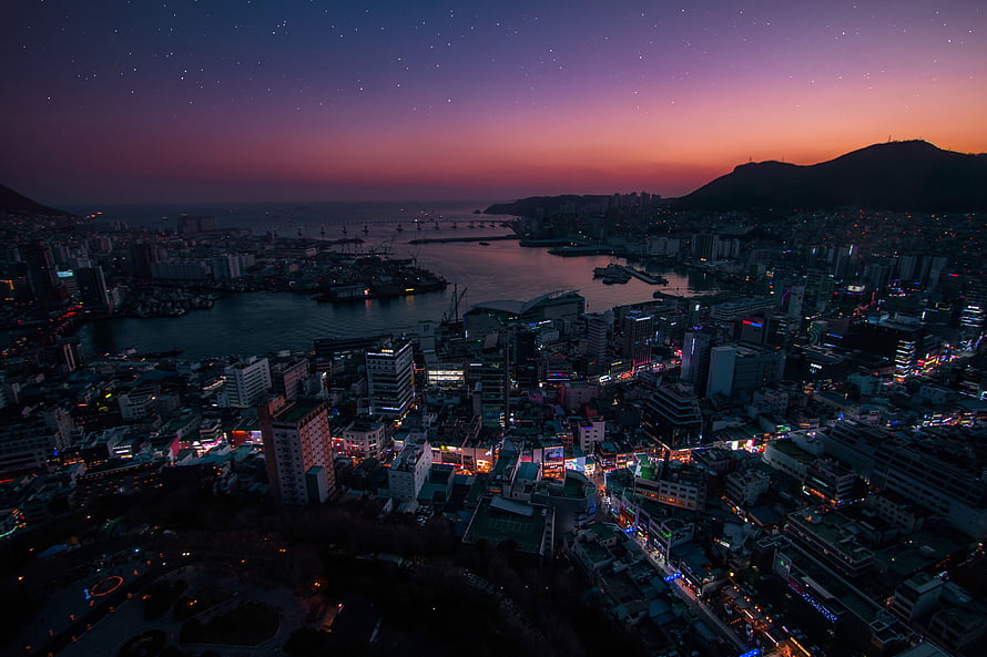 Aerial View of Busan Cityscape at Dusk with Starry Sky and Harbor Lights HD wallpaper