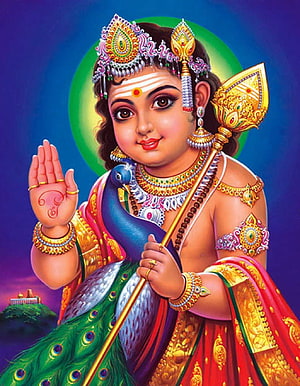 Murugan Deity Portrait with Peacock and Vel in Traditional Indian Art Style HD phone wallpaper