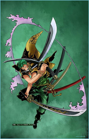 Roronoa Zoro wielding three swords in a dynamic One Piece anime illustration HD phone wallpaper