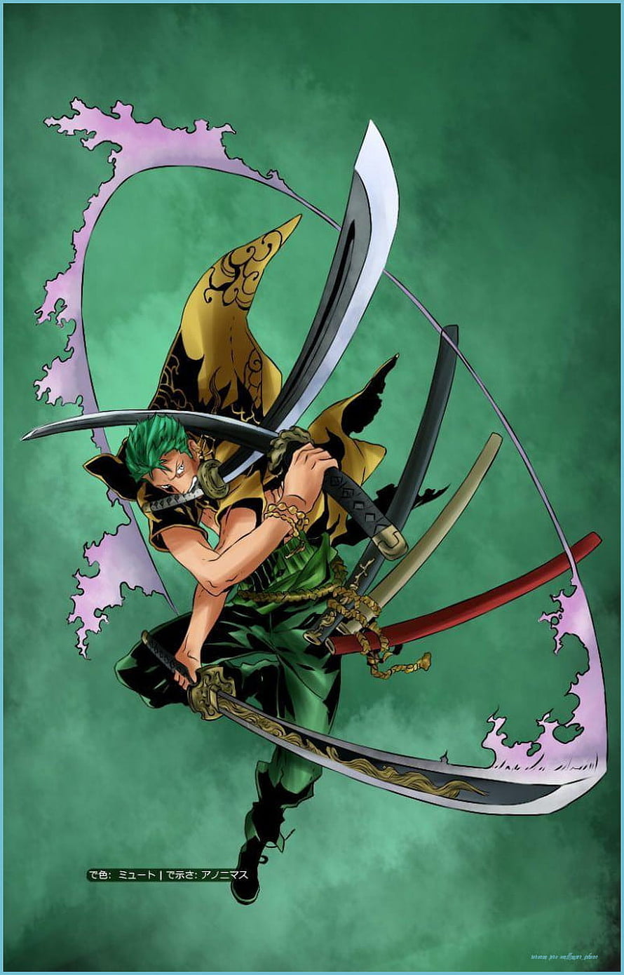 Roronoa Zoro wielding three swords in a dynamic One Piece anime illustration HD phone wallpaper