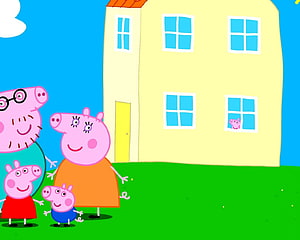 Peppa Pig Family Standing in Front of Their Yellow House on a Sunny Day HD wallpaper