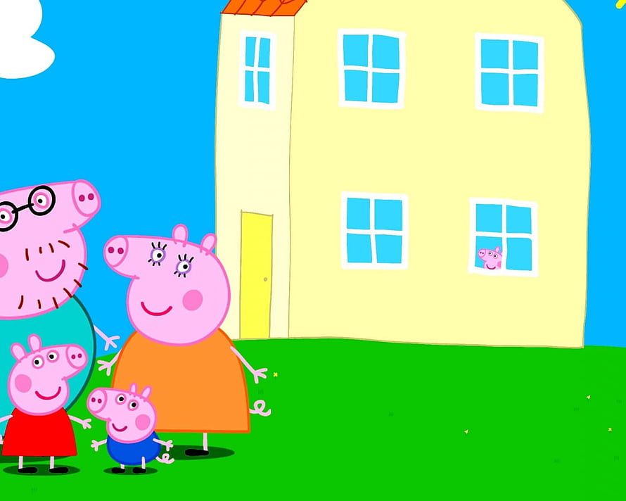 Peppa Pig Family Standing in Front of Their Yellow House on a Sunny Day HD wallpaper