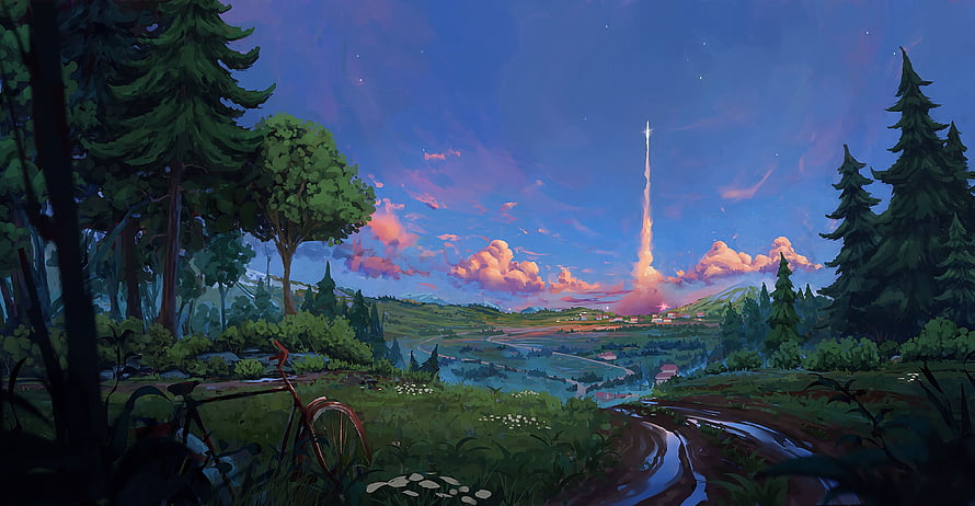Digital Art Landscape of a Forest Valley at Dusk with a Rocket Launch and Bicycle HD wallpaper