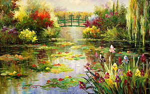Impressionist Garden Pond with Water Lilies and Green Footbridge HD wallpaper