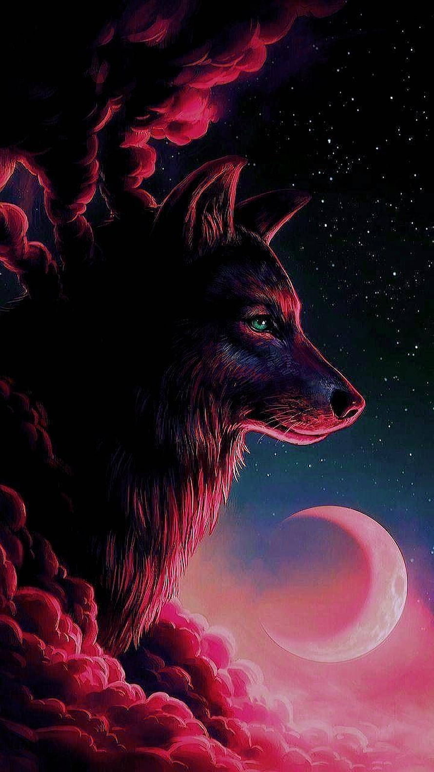 Mystical Wolf Portrait with Crescent Moon and Crimson Clouds HD phone wallpaper