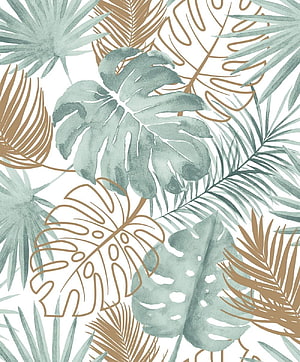 Watercolor Tropical Leaf Pattern with Monstera and Palm Fronds in Sage Green and Gold HD phone wallpaper