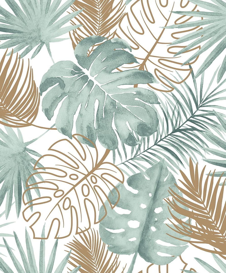 Watercolor Tropical Leaf Pattern with Monstera and Palm Fronds in Sage Green and Gold HD phone wallpaper