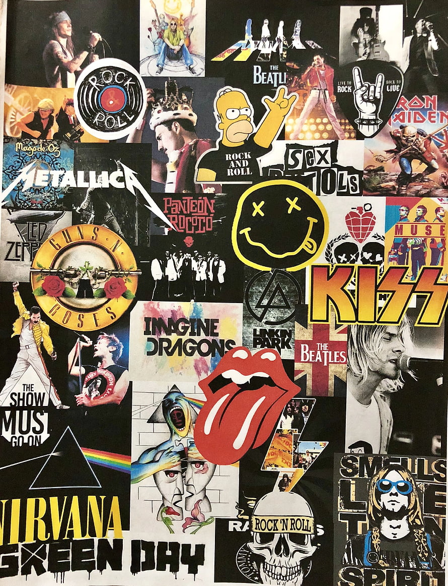 Rock and Roll Band Logo Collage Featuring Metallica, Nirvana, Kiss, and The Beatles HD phone wallpaper