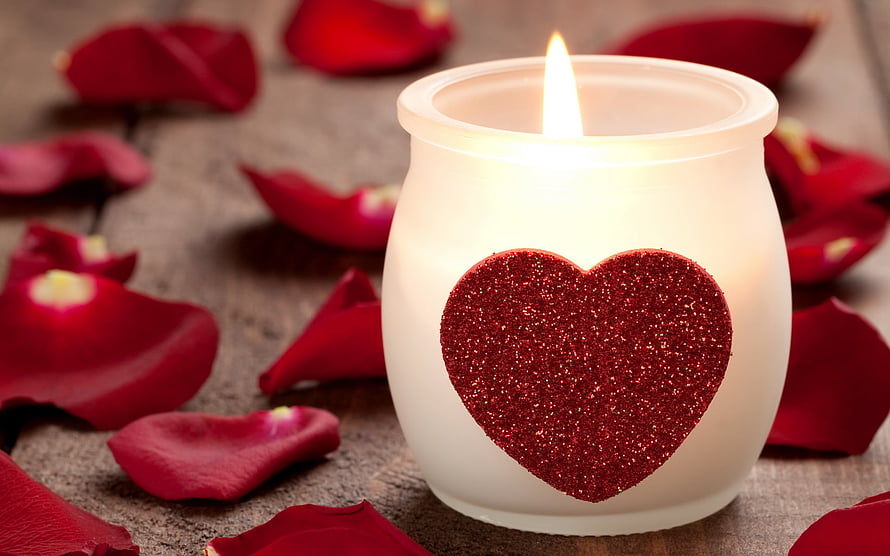 Romantic Valentine's Day Candle with Glitter Heart and Scattered Rose Petals HD wallpaper