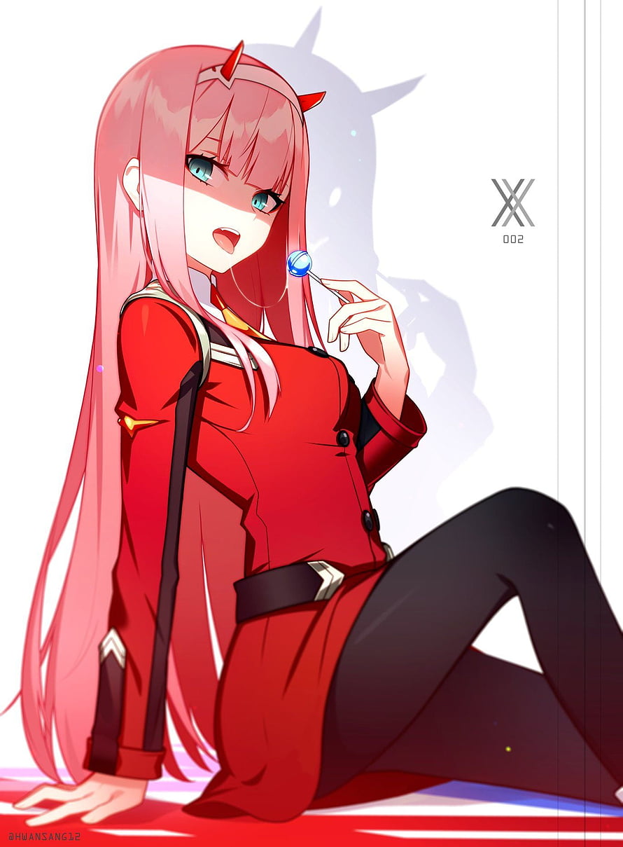 Zero Two from Darling in the FranXX in Red Suit with Lollipop HD phone wallpaper