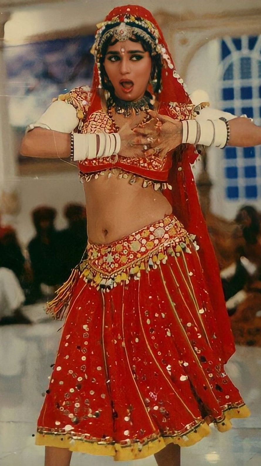 Madhuri Dixit in Vibrant Red Bollywood Dance Costume with Traditional Jewelry HD phone wallpaper