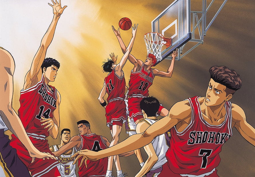 Slam Dunk Anime Illustration of Shohoku Basketball Team in Intense Court Action HD wallpaper