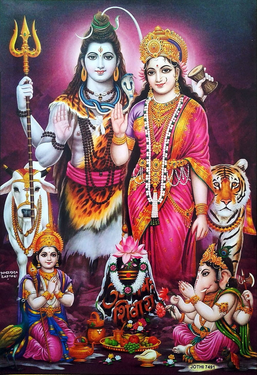 Lord Shiva and Goddess Parvati with Ganesha and Kartikeya in Traditional Indian Art HD phone wallpaper