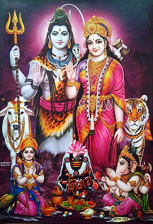 Shiv Parvati with Ganesha and Nandi in Traditional Indian Devotional Art HD phone wallpaper