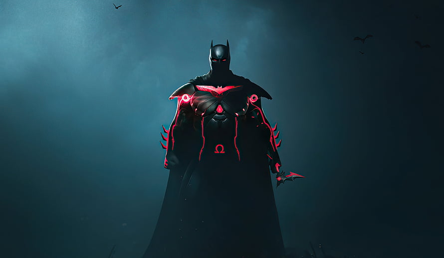 Batman in Dark Armor with Red Glowing Accents and Omega Symbol HD wallpaper